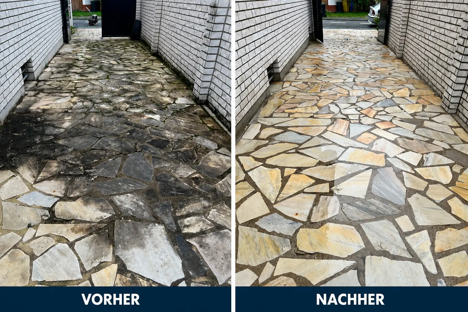 vorher-nachher Vorher & Nachher - Reinigung von Natursteinplatten